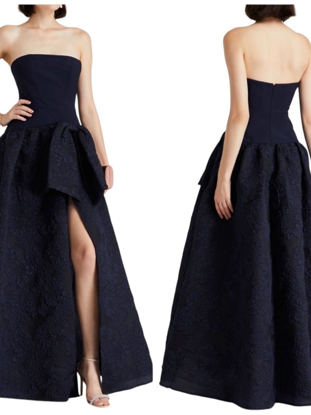 Marchesa Notte Strapless Bow Cloqué Gown Navy NWT Formal Dress